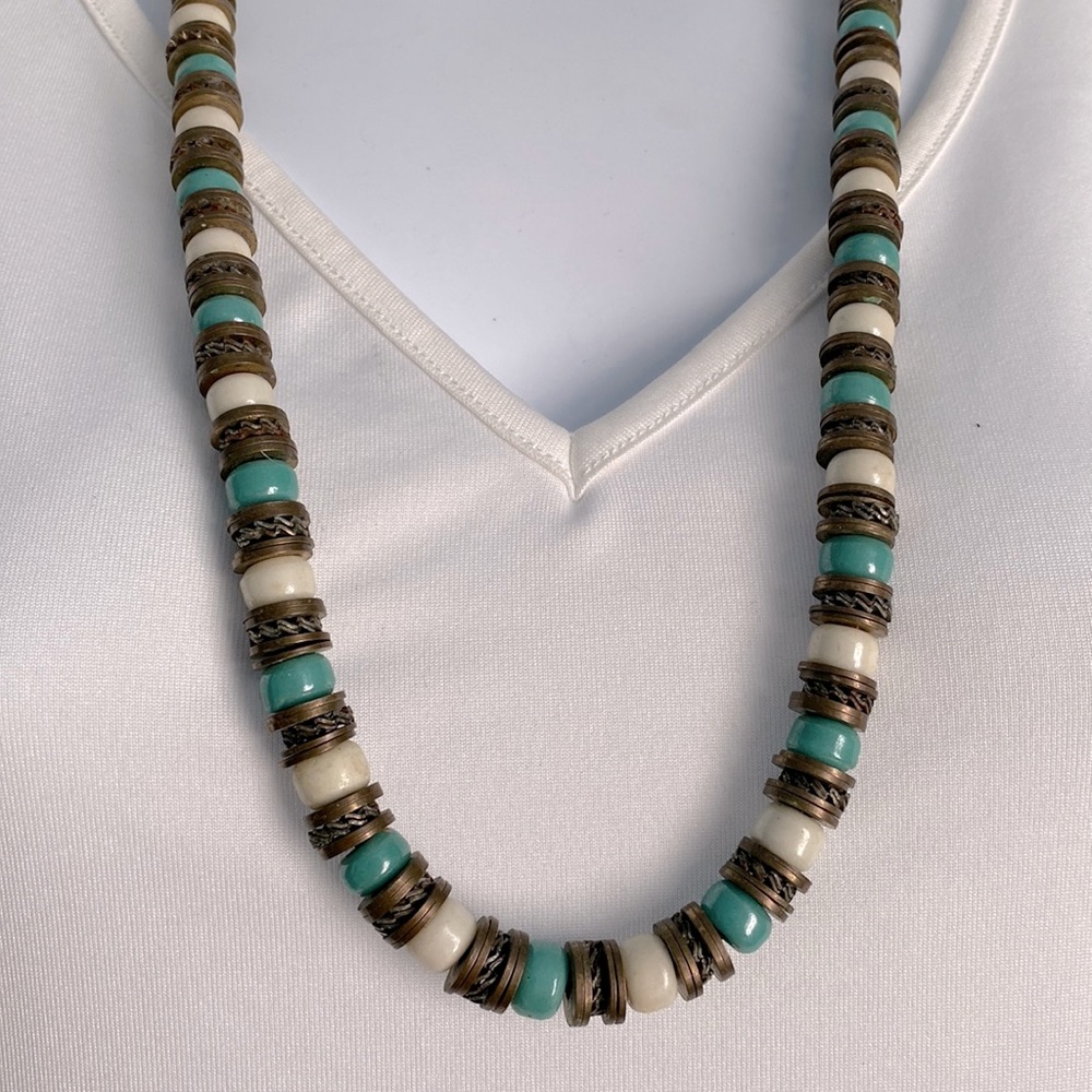 Vintage Indian brass with white and turquoise ceramic bead necklace